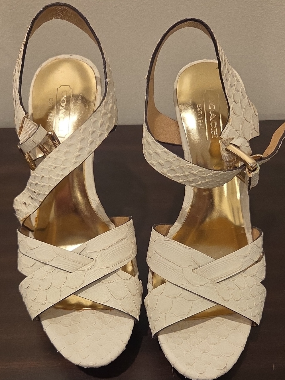Coach Cream Textured Leather Cross-Strap Slingback Heels with Gold Insole
